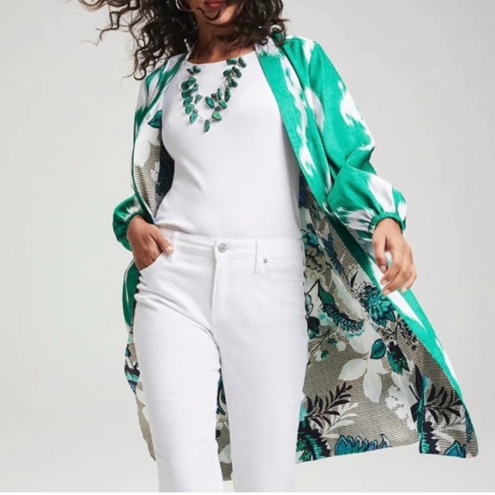 Chicos Reversible Duster Green Ikat Tan Floral Tropic Emerald Small
